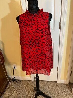 Red and Black Sleeveless Animal Print Ruffle Neck Top